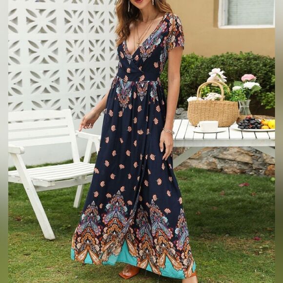 Blu Heaven boho vneck flowy maxi dress size large - Picture 2 of 10